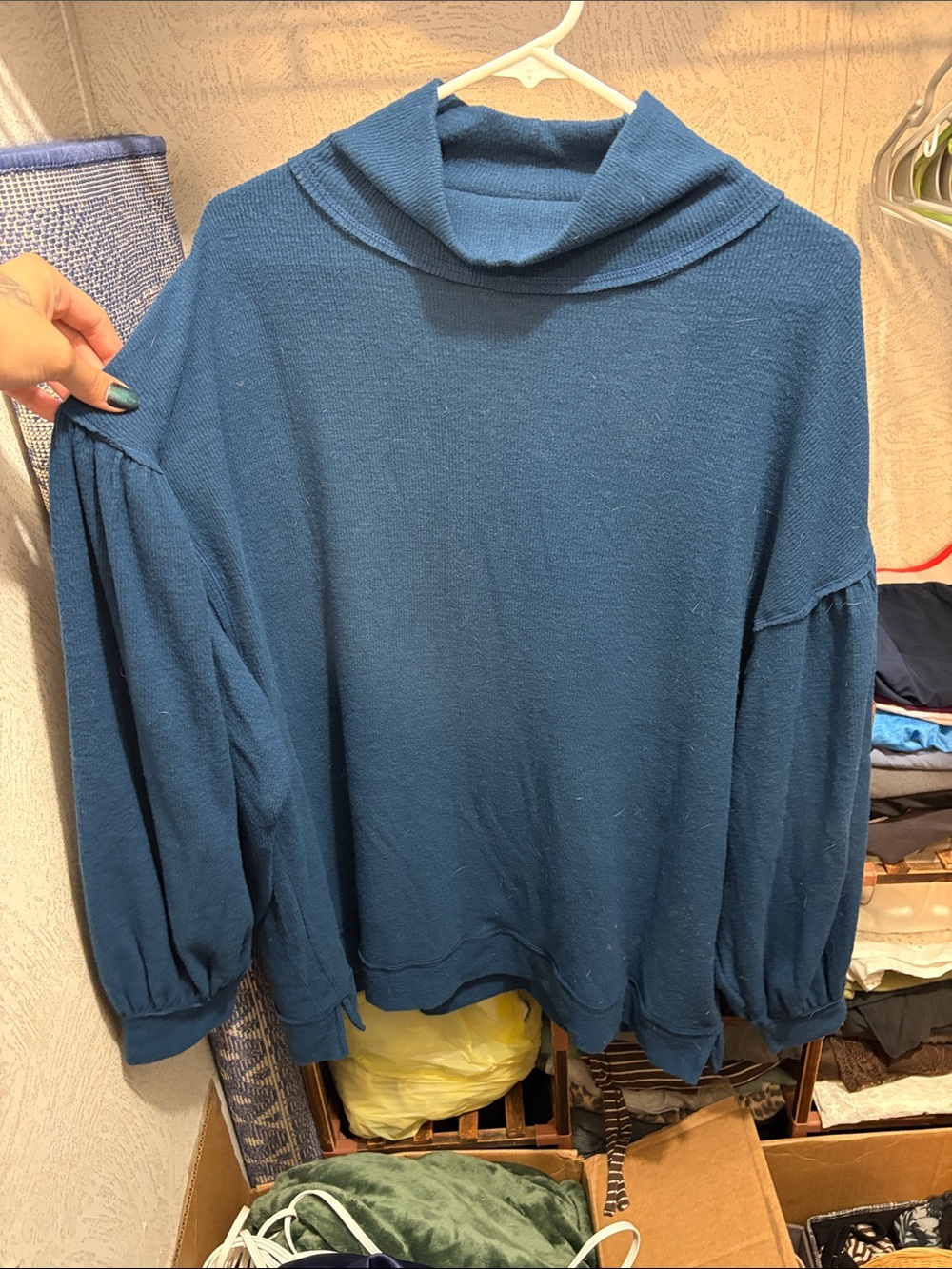 FREE PEOPLE Blue Mockneck Open Back Sweater OVERSIZED FITS LIKE L/XL